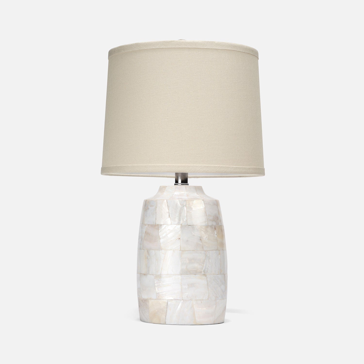 Table lamp with a decorative base and beige shade on a white background