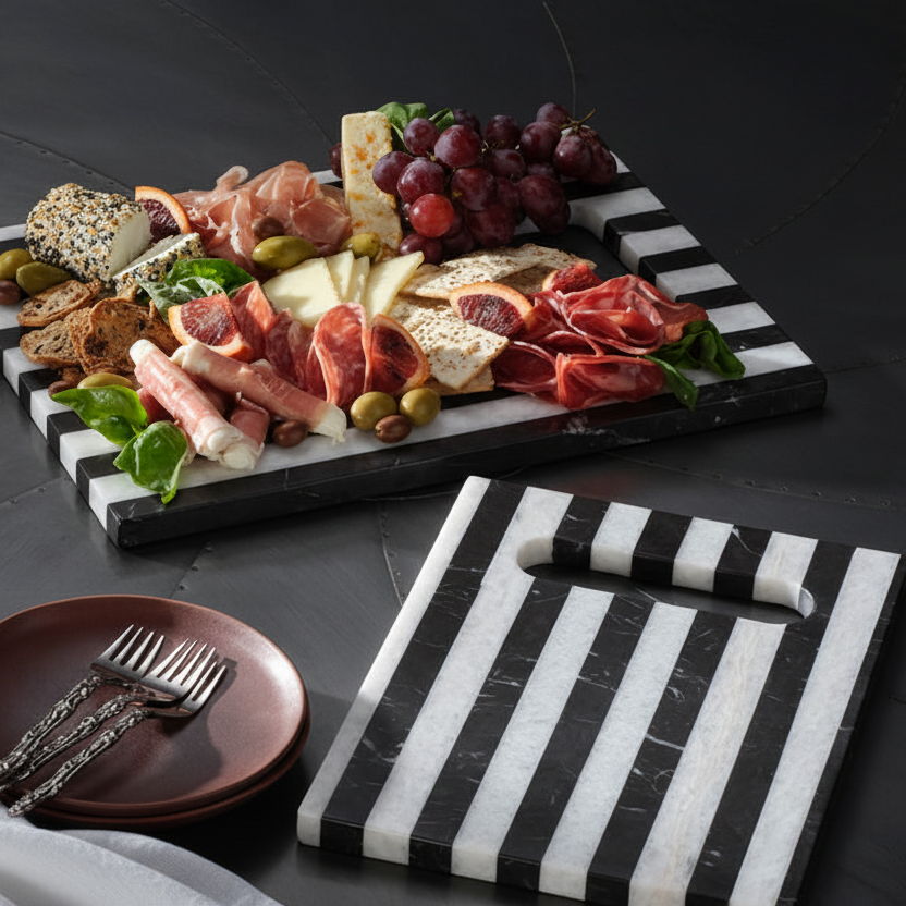 Charcuterie board with meats, cheeses, and fruits on a black and white striped platter.
