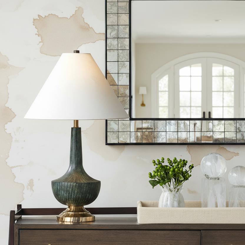 Decorative table lamp on a console table with a mirror and decorative items in the background.