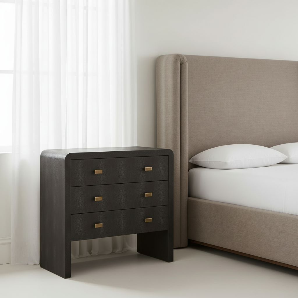 Dark wood nightstand with gold handles next to a bed with white bedding and beige headboard. octavia bed fh