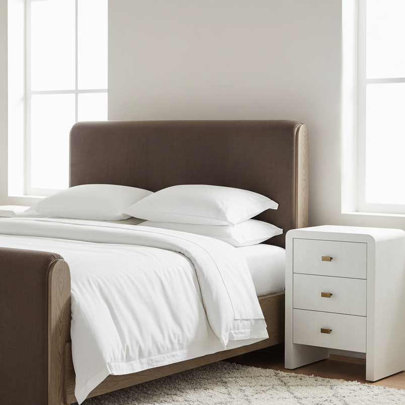 Bedroom with a bed featuring a brown upholstered headboard and white bedding, next to a white nightstand. sloane bed