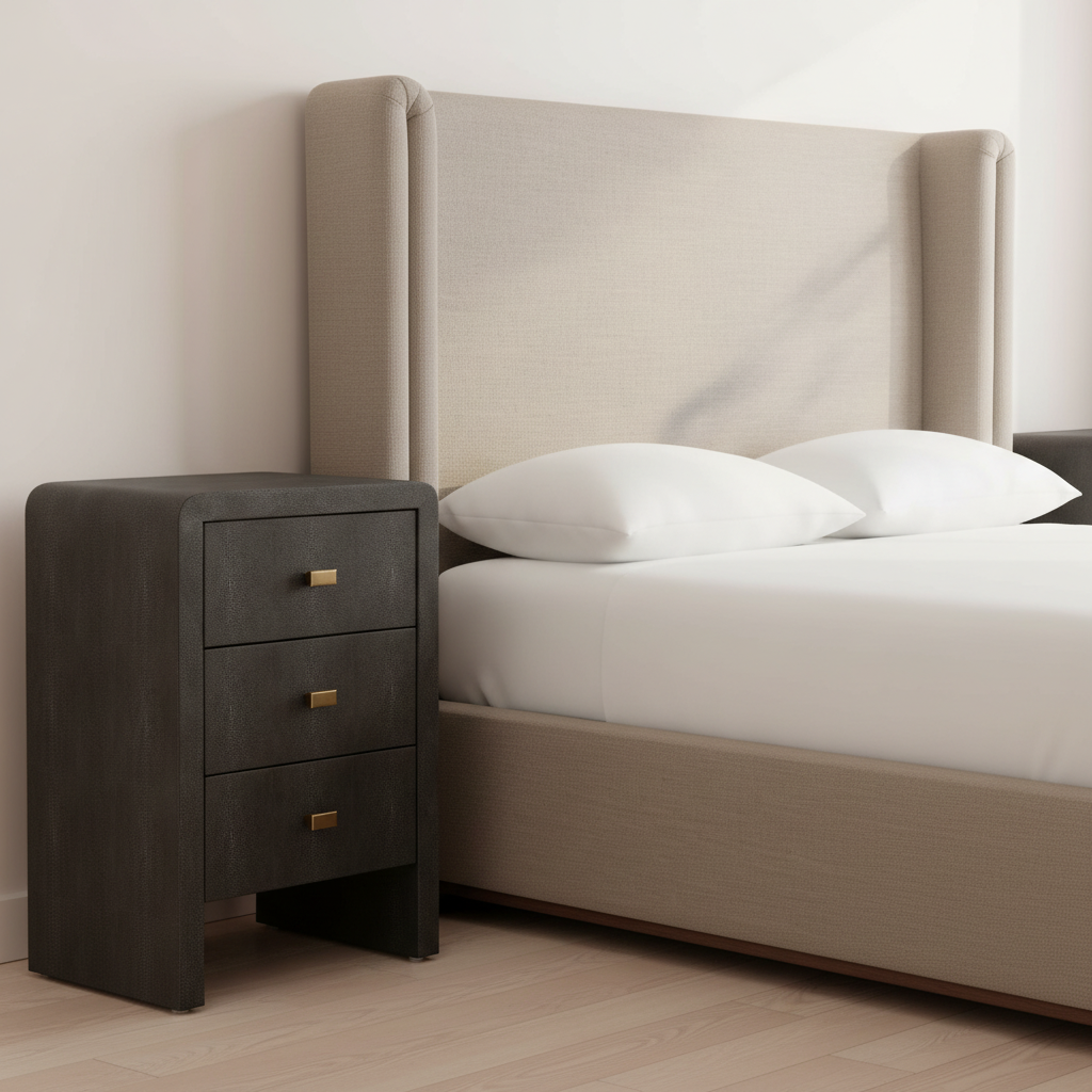 Beige upholstered bed with white pillows and a dark wooden nightstand in a room. octavia bed