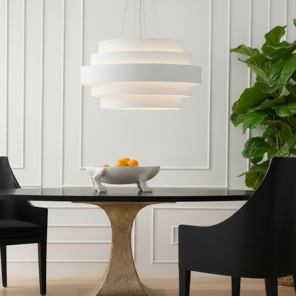 Modern dining room with black chairs, a table, and a plant.