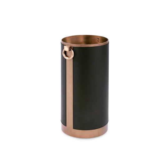 Noah Umbrella Stand in Black by Villa & House, featuring black leather wrapping, antique brass accents, a decorative pull detail, and a recessed metal base for elegant entryway umbrella storage.