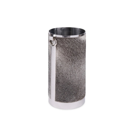 Noah Umbrella Stand in Gray by Villa & House, featuring textured gray hair-on-hide, polished nickel accents, a decorative pull detail, and a recessed metal base for sophisticated entryway umbrella storage.