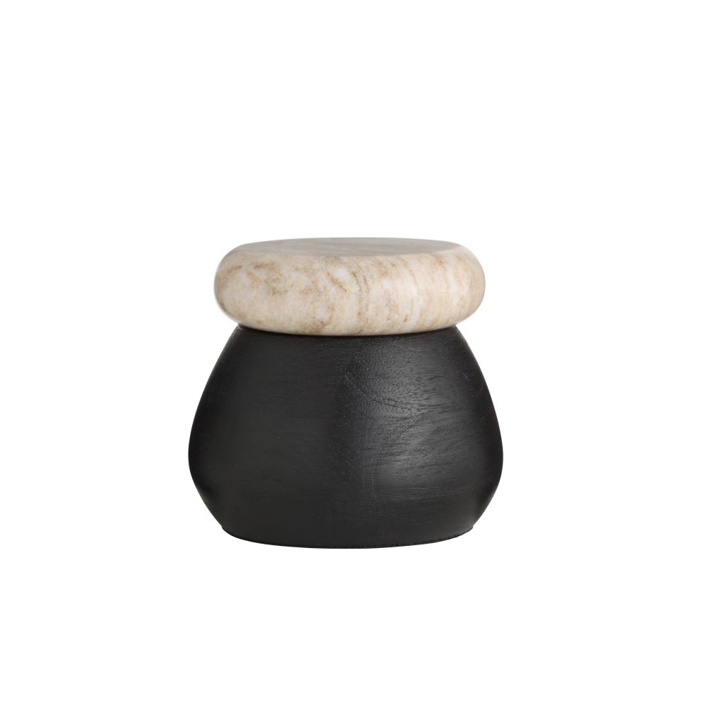 Small black vase with a beige marble cap on a white background