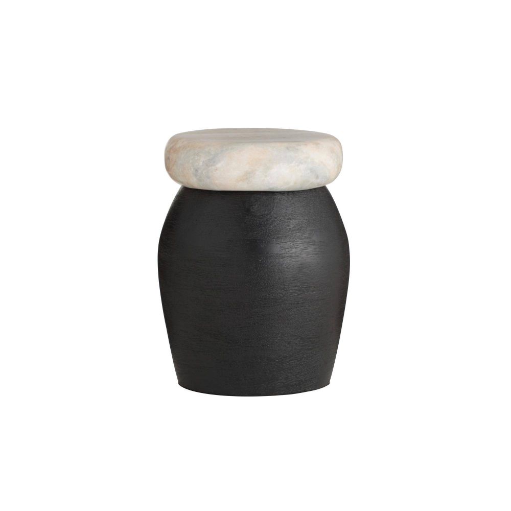 Black cylindrical stool with a light-colored round top on a white background