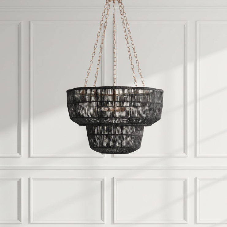Black chandelier hanging against a white paneled wall