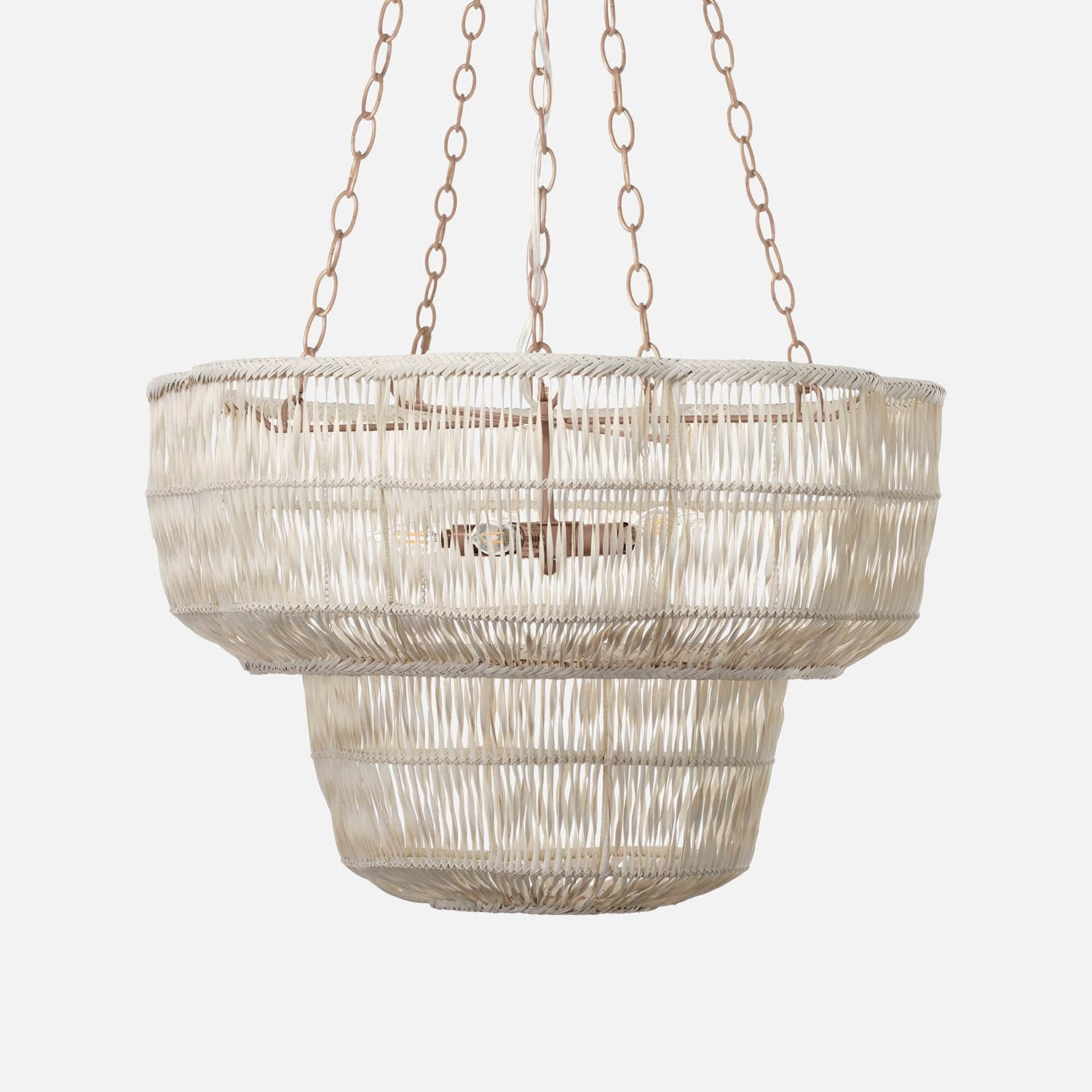 Woven pendant light with chain on a white background