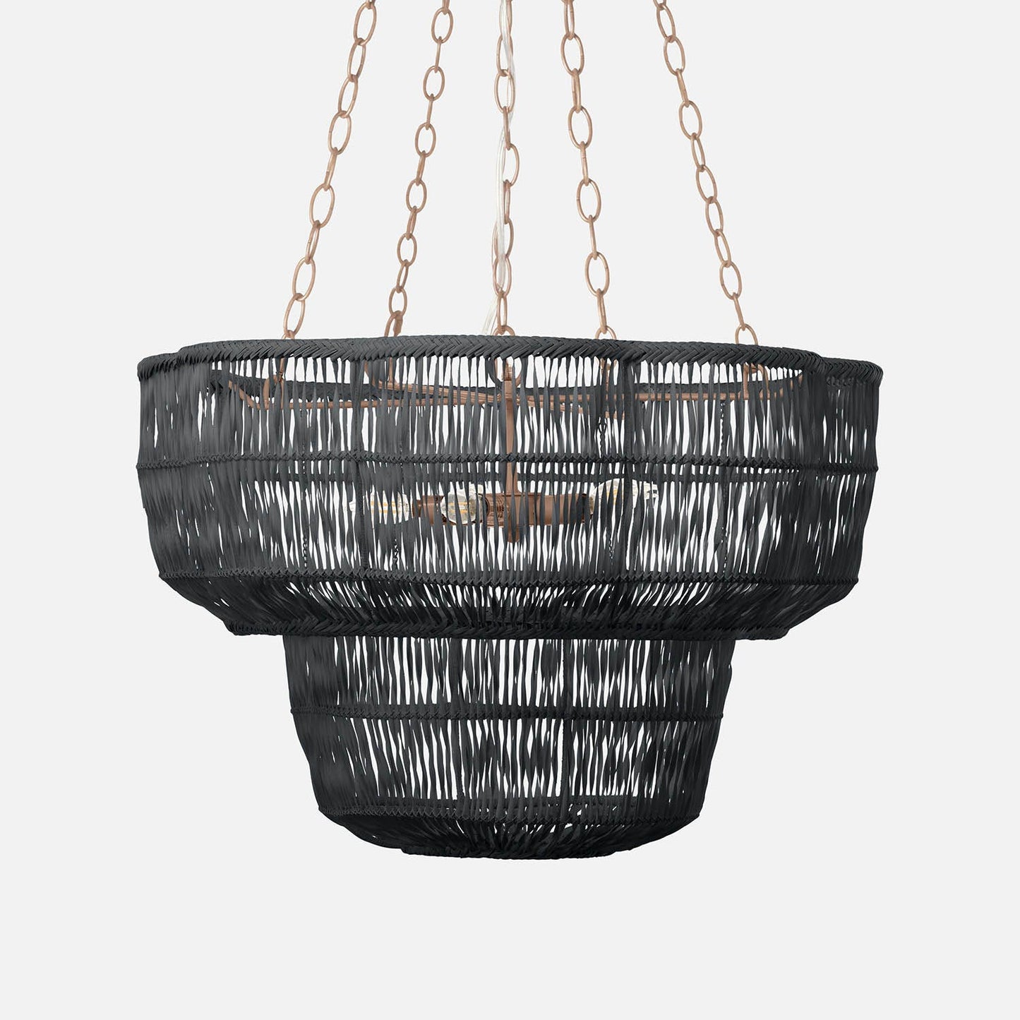 Black woven pendant light with chain on a white background