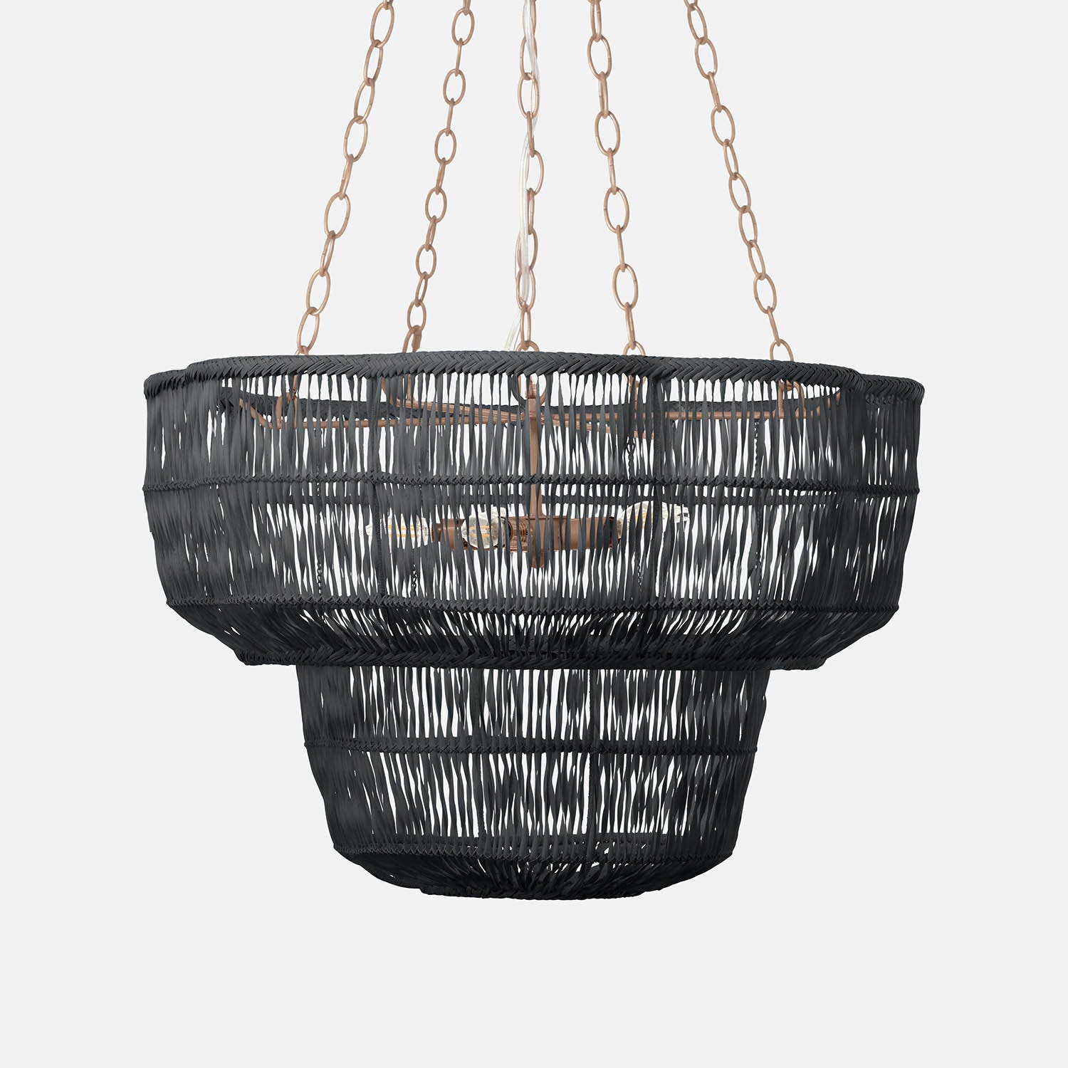 Black woven pendant light with chain on a white background