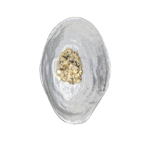 Decorative wall piece with gold mineral-like material on a white background