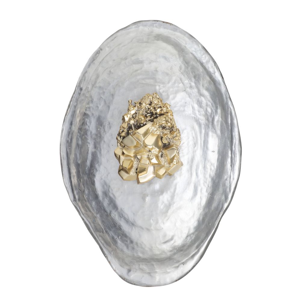 Decorative wall piece with gold mineral-like sculpture on a white background