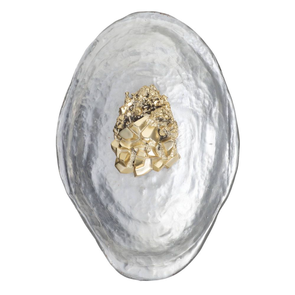 Decorative wall piece with gold mineral cluster on a textured white surface