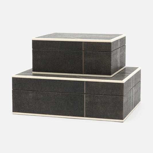 Two dark mushroom textured boxes stacked on a white background
