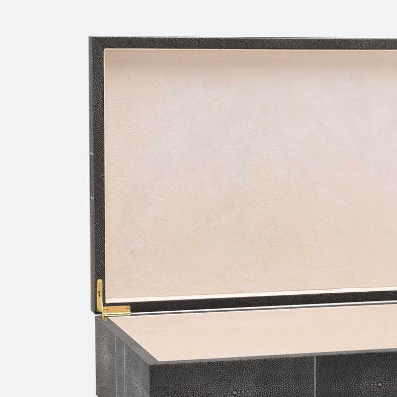 Close-up of an open luxury storage box or jewelry case with a black shagreen exterior, cream interior lining, and gold-tone hinge hardware, set against a plain light gray background.