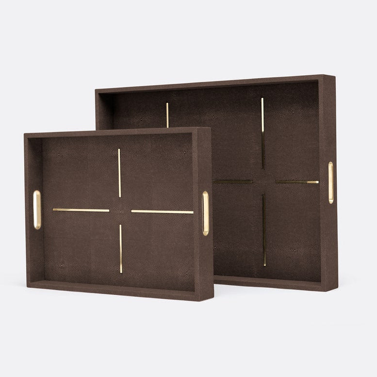 Two dark brown textured serving trays with gold metal handles and cross-shaped gold accents on the inside, shown on a light gray background.