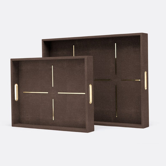 Two dark brown textured serving trays with gold metal handles and cross-shaped gold accents on the inside, shown on a light gray background.