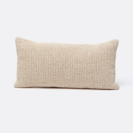 Beige woven pillow on a white background