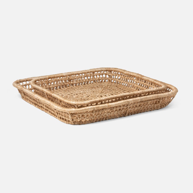 Two nested rectangular woven trays made of abaca, shown on a light gray studio background.