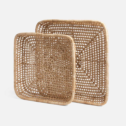 Two square woven abaca baskets in different sizes, displayed on a clean light gray background.