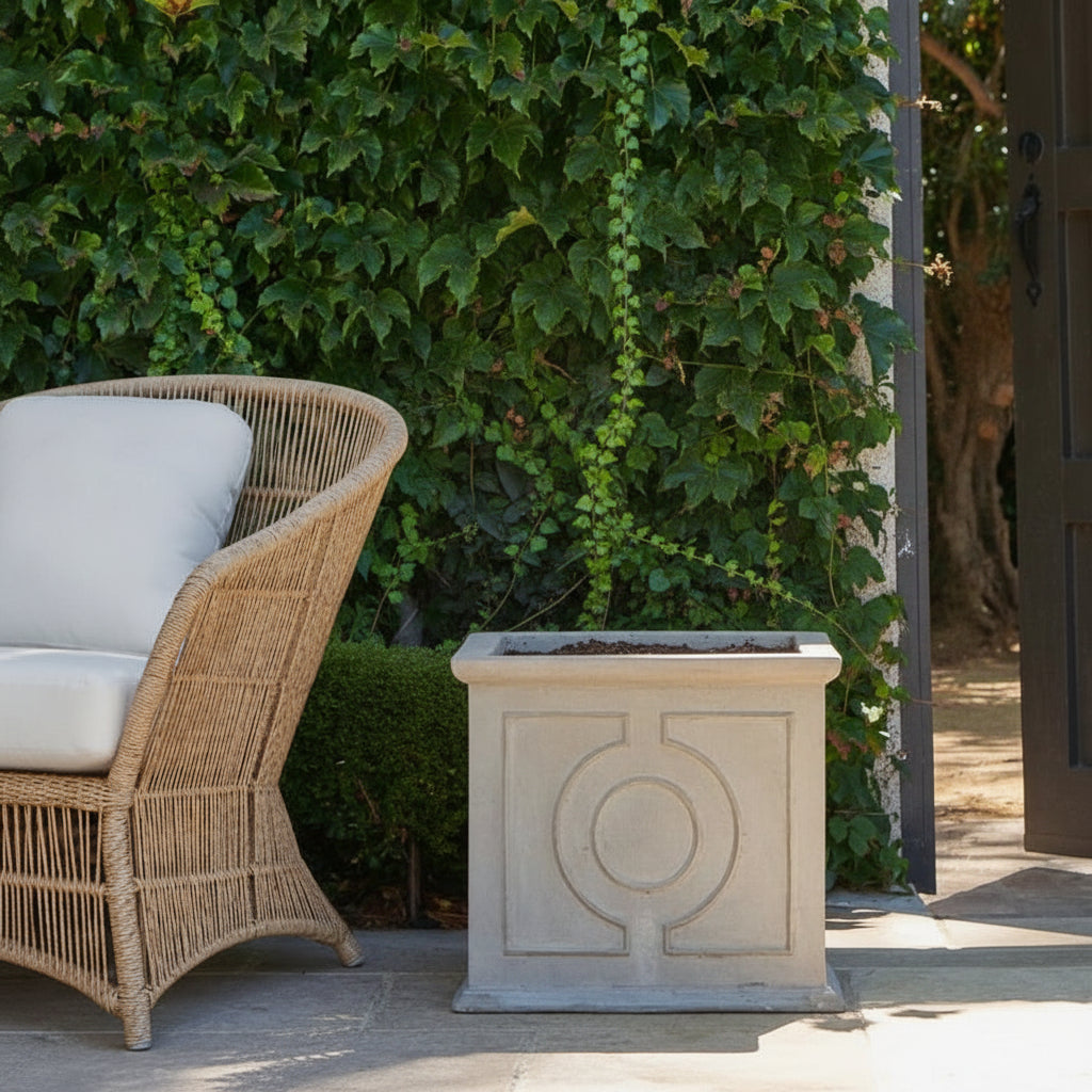A large green fern in a square light beige concrete planter, placed on a patio next to a wicker chair with a white cushion, with a leafy green hedge and dark doorway in the background.