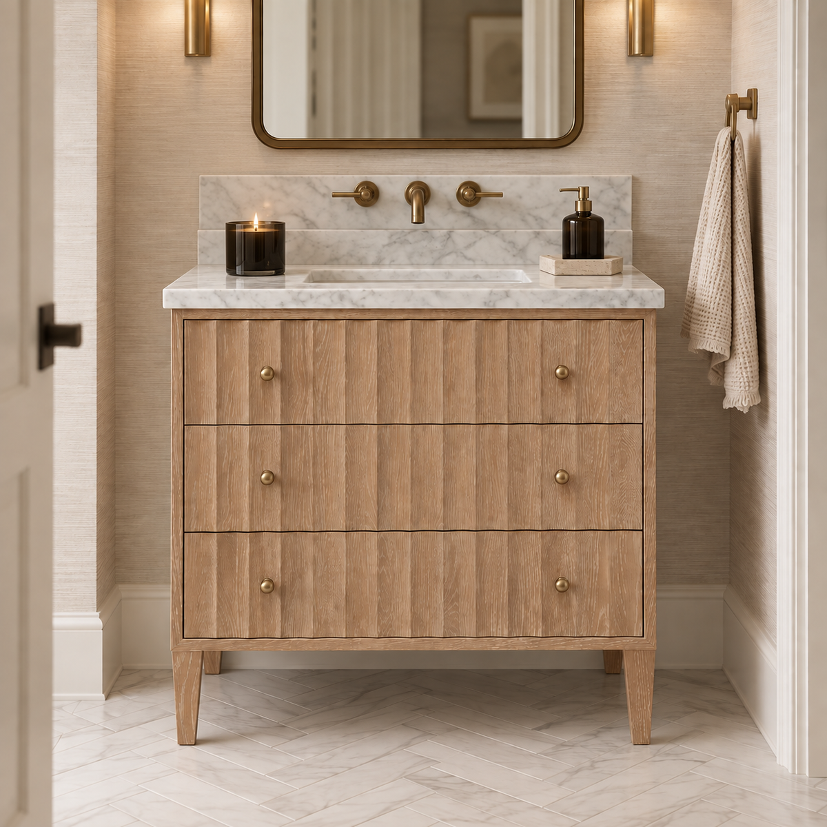 A modern bathroom vanity with a light oak wood cabinet, three drawers, brass knobs, and a white marble countertop, shown in a styled bathroom setting with a mirror, sconces, and a towel.