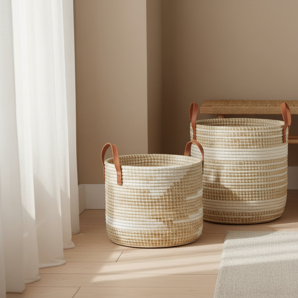 Two woven baskets with leather handles on a wooden floor against a beige wall. highland rug and larsson bench