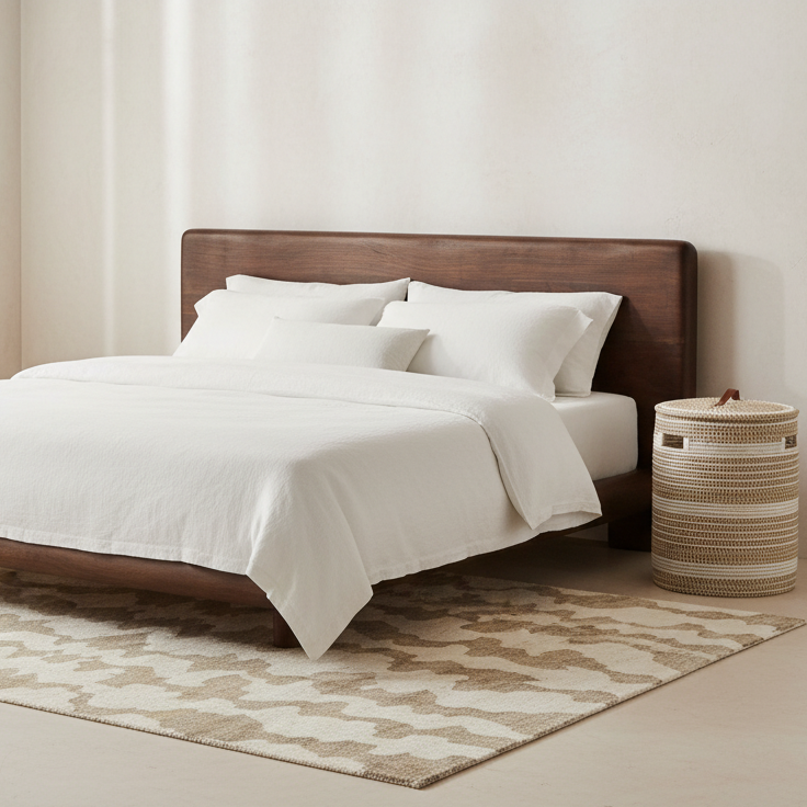 Bedroom with a wooden bed frame, white bedding, and a woven basket on a patterned rug. (nigel bed and monitor rug)