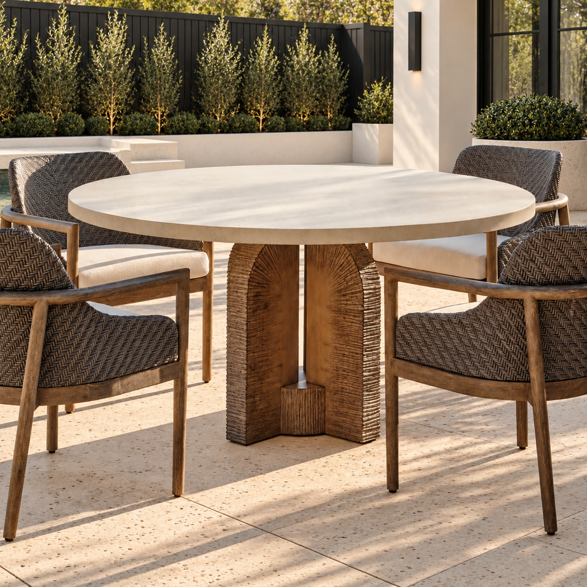 Round outdoor dining table with a white stone top and sculptural textured brown pedestal base.