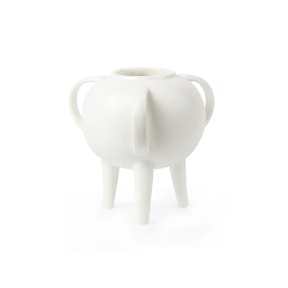 A minimalist white ceramic three-legged pot with side handles, photographed against a seamless white background.