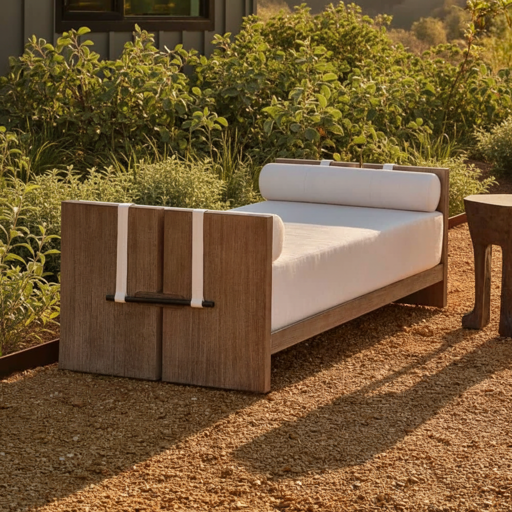 Wooden outdoor sofa with white cushions in a garden setting