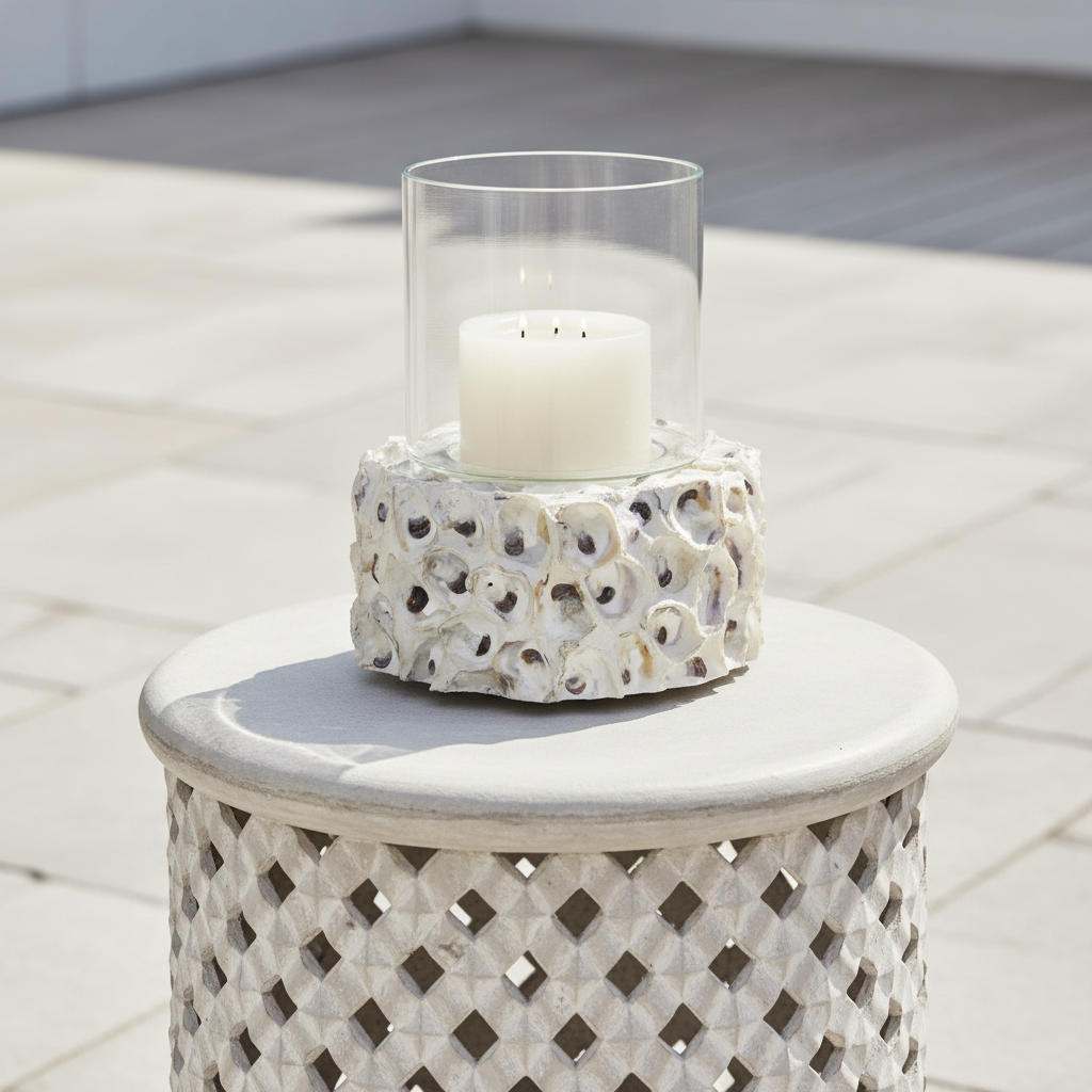 Decorative candle holder with a candle on a woven side table outdoors.