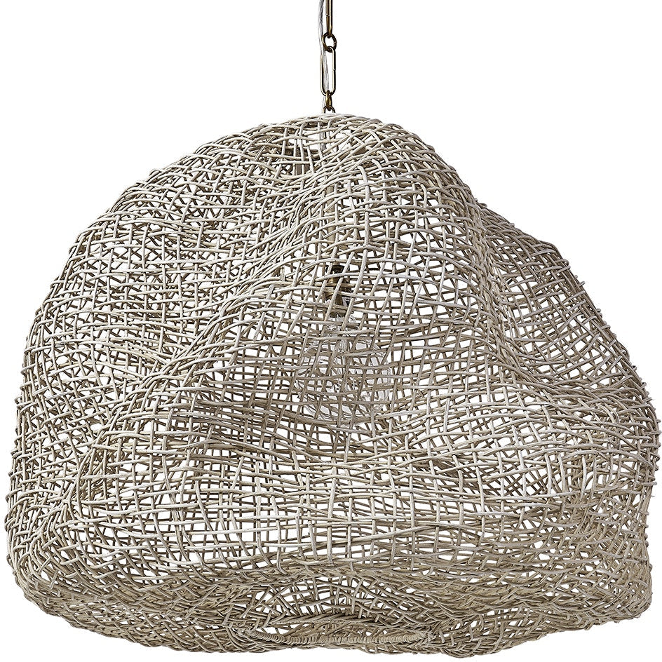 Woven pendant light with chain on a white background