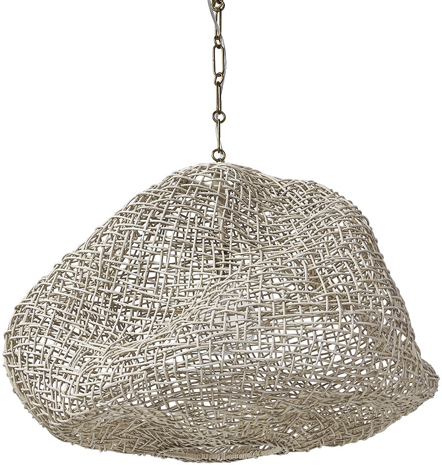 Woven metal pendant light on a white background