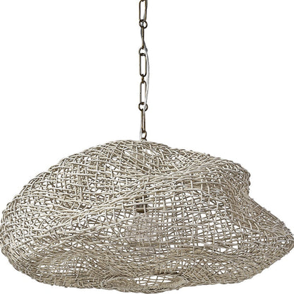 Woven pendant light fixture on a white background