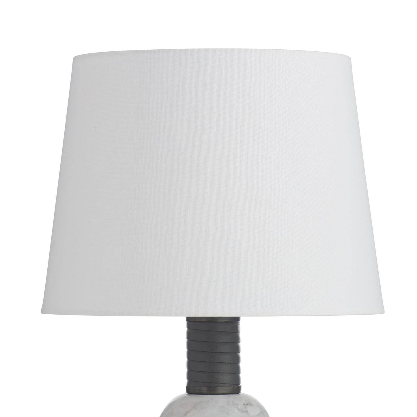 A table lamp with a large white tapered drum shade, a dark gray ribbed neck, and a white marble base, shown against a plain white background.