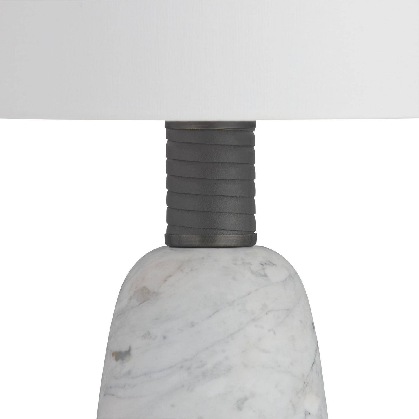 Close-up of a lamp with a marble base and gray ribbed design on a white background