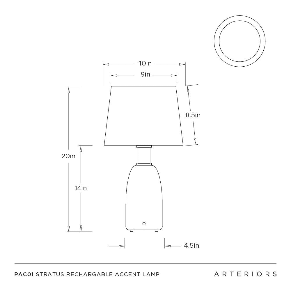Dimensions of a table lamp with technical drawing and brand name 'Arteriors' at the bottom.