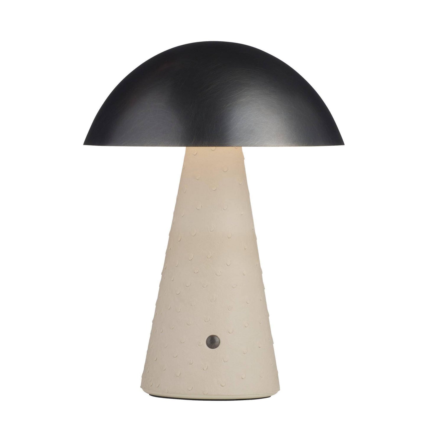 Table lamp with black dome shade and beige base on a white background