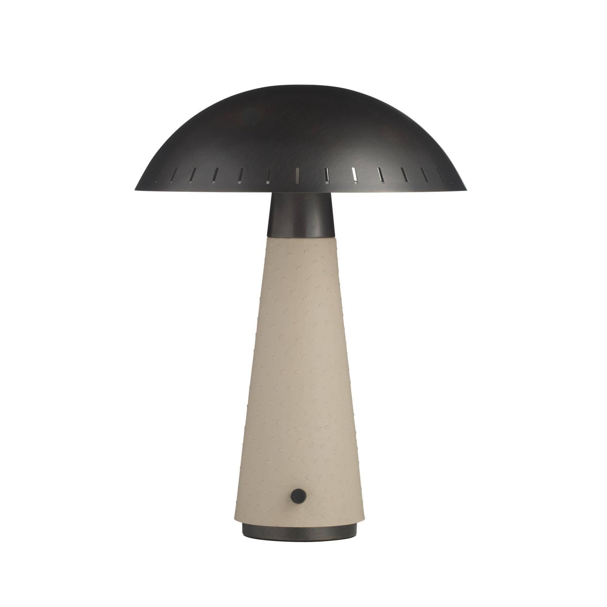 Table lamp with black dome shade and beige cylindrical base on a white background