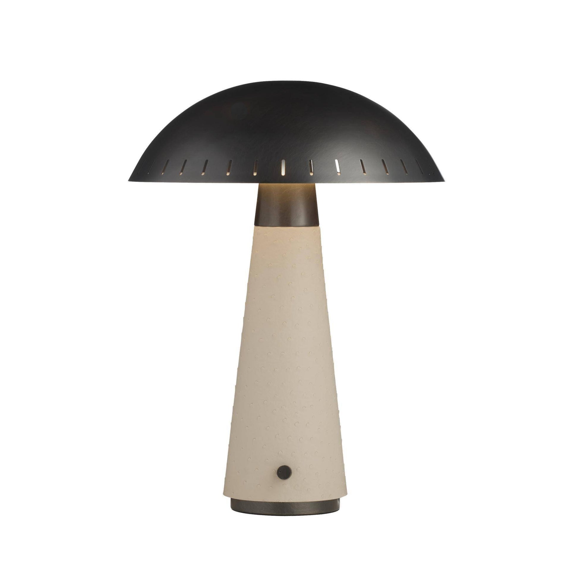 Table lamp with black dome shade and beige cylindrical base on a white background