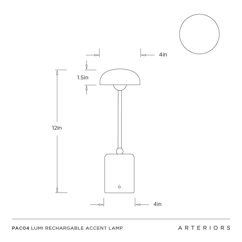 Technical drawing of a PACO4 LUMI rechargeable accent lamp with dimensions and Arteriors branding.