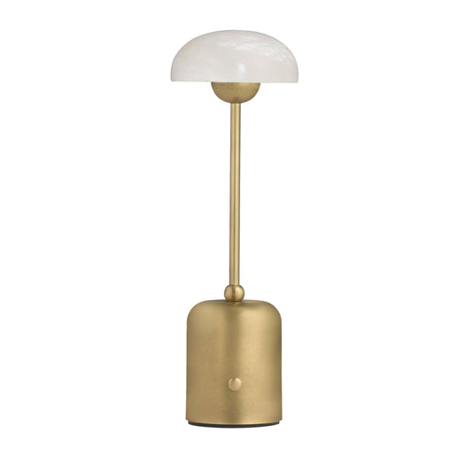 Gold table lamp with white glass shade on a white background