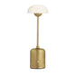 Gold table lamp with white glass shade on a white background