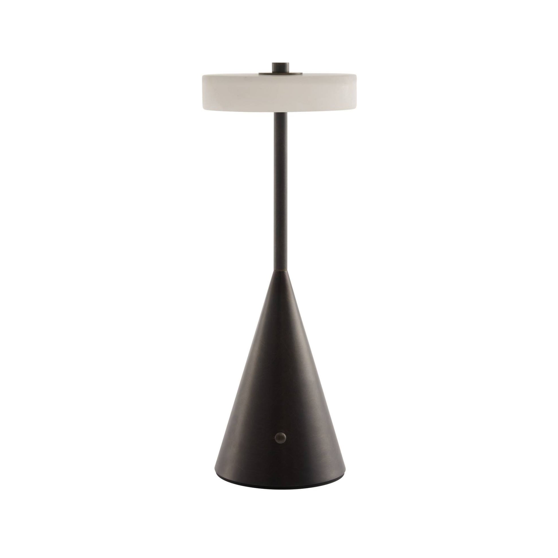 Modern black table lamp with a white shade on a white background