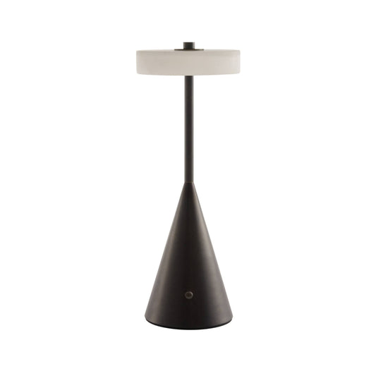Modern black table lamp with a white shade on a white background