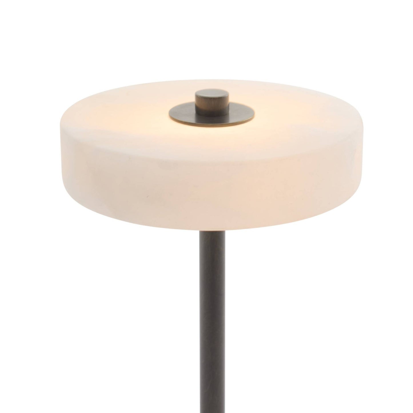 Round floor lamp with a white shade and metallic base on a white background