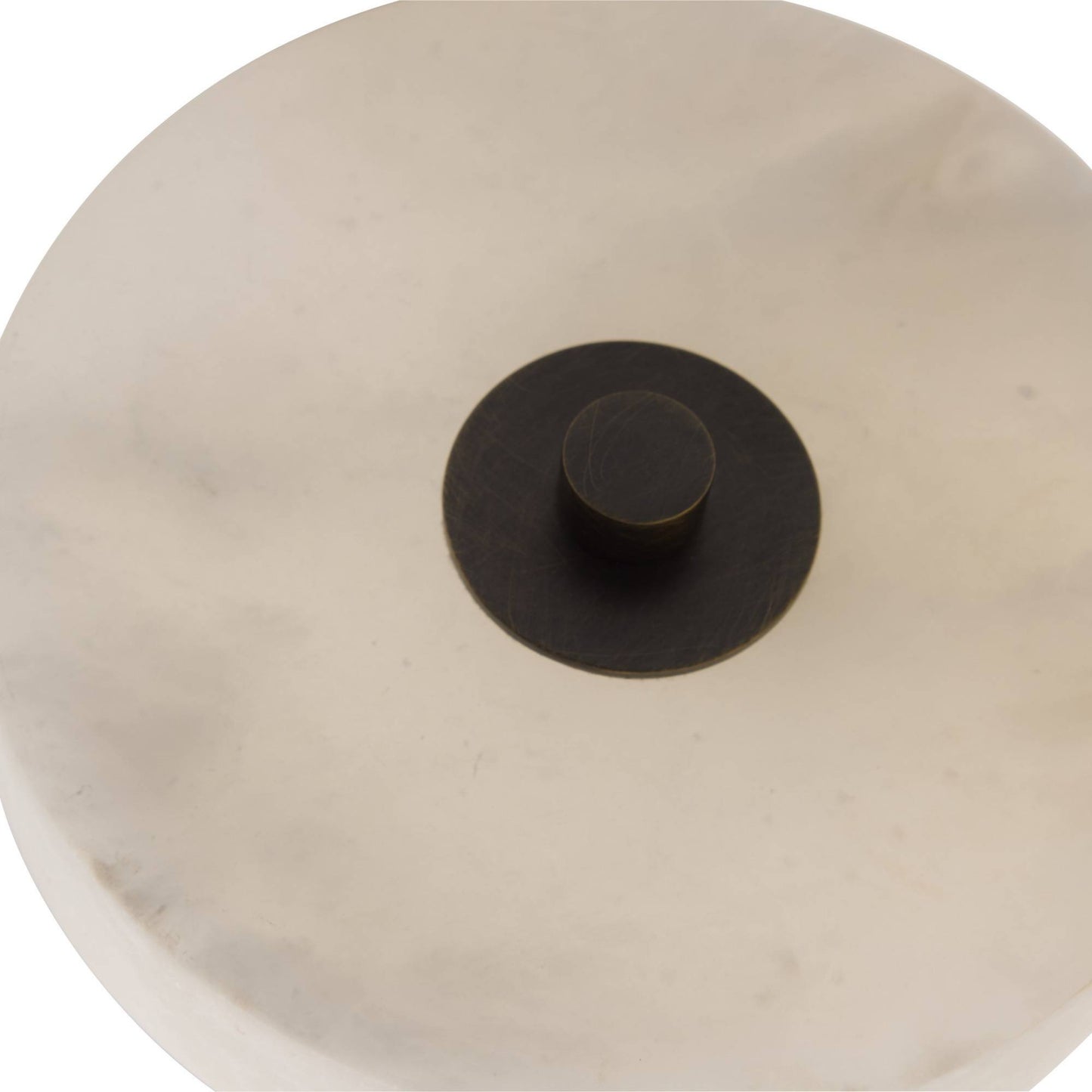 Round beige ceramic pot with a black lid on a white background