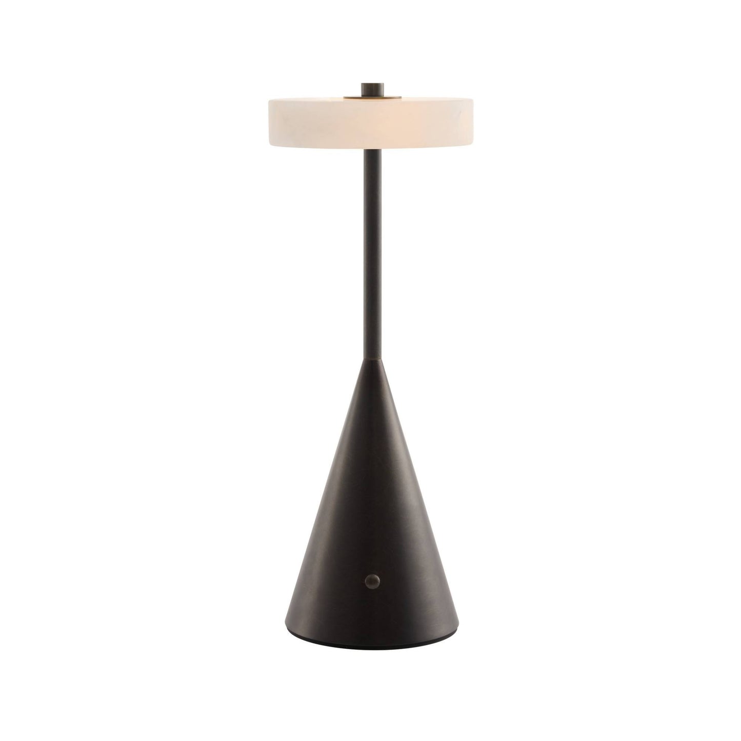 Modern black table lamp with a white shade on a white background